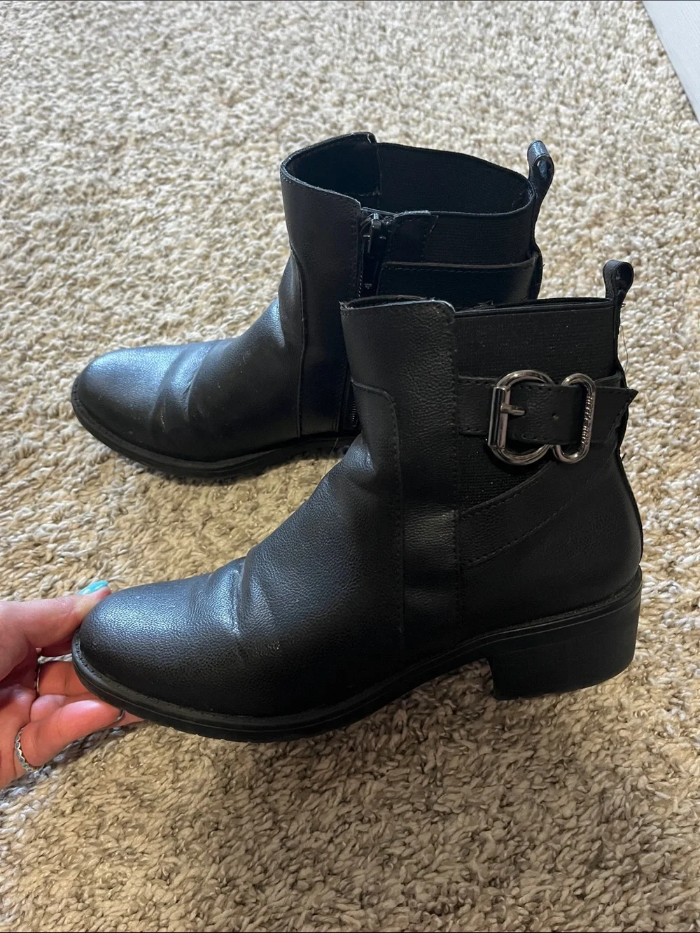 Anne Klein Black Leather Ankle Booties with Buckle Detail